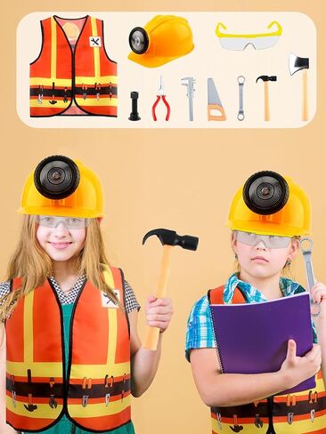 10 قطعة زي عامل البناء للأطفال مجموعة سترة البناء ونظارات واقية وألعاب دعامة البناء لحفلات أعياد الميلاد in Kuwait