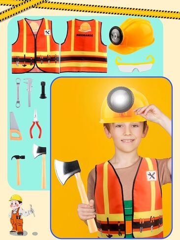 10 قطعة زي عامل البناء للأطفال مجموعة سترة البناء ونظارات واقية وألعاب دعامة البناء لحفلات أعياد الميلاد in Kuwait