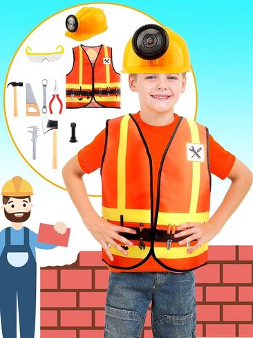 10 قطعة زي عامل البناء للأطفال مجموعة سترة البناء ونظارات واقية وألعاب دعامة البناء لحفلات أعياد الميلاد in Kuwait