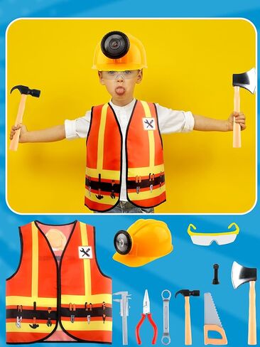 10 قطعة زي عامل البناء للأطفال مجموعة سترة البناء ونظارات واقية وألعاب دعامة البناء لحفلات أعياد الميلاد in Kuwait