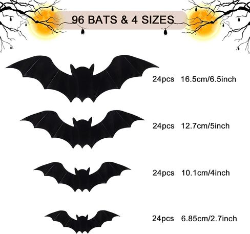 Halloween Bats Decorations, 96Pcs Black PVC Bats 3D Wall Sticker 4 Sizes Halloween Scary Bats for Home Window, Party, Room Decor in Saudi Arabia