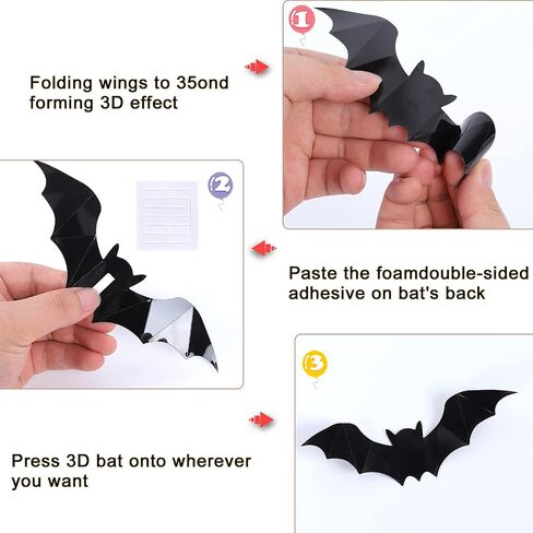 Halloween Bats Decorations, 96Pcs Black PVC Bats 3D Wall Sticker 4 Sizes Halloween Scary Bats for Home Window, Party, Room Decor in Saudi Arabia