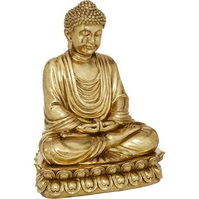 Deco 79 Polystone Buddha Decorative Sculpture Meditating Home Decor Statue with Engraved Carvings and Relief Detailing, Accent Figurine 12" x 9" x 16", Gold