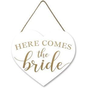 Here Comes The Bride Wooden Heart Shaped Sign Personalized Wedding Sign Ceremony Wedding Decor Sign,Wedding Flower Girl Sign,Ring Bearer Sign Engagement Photo Props 12"×11"