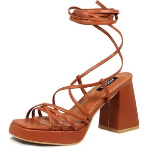 Womens Strappy Heels Lace Up Chunky Heel Sandals, High Heel Cute Platform Sandals Block Heel Wrap Sandals for Women Dressy Sexy with Adjustable Laces Square Toe