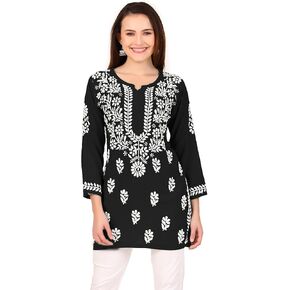 ladyline Lucknowi Hand Embroidered Tunic Top Modal Silk Womens Chikankari Short Kurti Hip Length