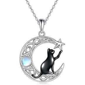TIGER RIDER Moon Cat Necklace for Women 925 Sterling Silver Black Cat Moonstone Celtic Knot Jewelry Gifts Birthday Christmas Gifts for Women Cat Lovers Girls Wife Daughter