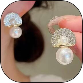 14K Gold Pearl Rhinestone Statement Earrings for Women Teen Girls,Trendy Dainty Cubic Zircon Stud Earrings Prom Party Jewelry Gift
