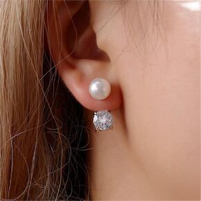 Crystal Pearls Front Back Earrings Studs Silver Zirconia Rhinestones Drop Earring Jackets Pearl Ear Buckle Earring Studs Jewelry Gift for Women Girls