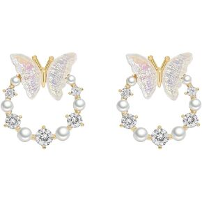 Dainty Colorful Butterfly Cubic Zirconia Wreath Sterling Silver Post Stud Earrings for Women Girls Hollow Round Pearl Animal Statement Studs Hypoallergenic Fashion Jewelry Wedding Gift