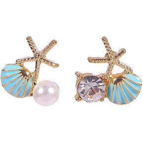 Beach Earrings Tiny Starfish Seashell Faux Pearl Stud Earrings Women Girls Summer Earrings Cute Sea Star Shell Earrings Rhinestone Beach Earrings for Girls