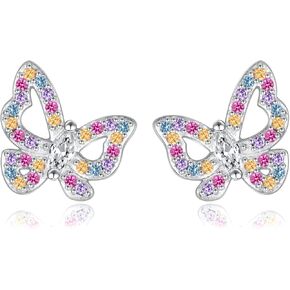 Sterling Silver Colorful Butterfly Earrings S925 Multicolored Hollow Butterfly Stud Spring Jewelry Gift for Girls Women
