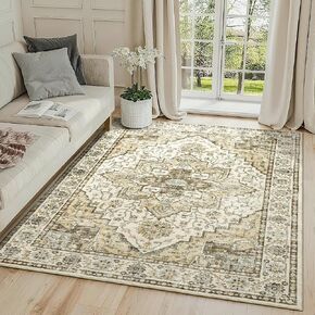 Area Rugs 5x7 Washable Rug 5x7 Area Rugs for Living Room, Stain Resistant 5x7 Rug, Non-Slip Backing Rugs for Bedroom, Bathroom, Kitchen, Printed Vintage Floral Carpet(5x7,Beige) in Saudi Arabia