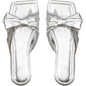 GORGLITTER Women's Metallic Sandals Square Toe Flat Sandals Summer Sandals with Bow