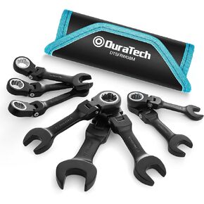 DURATECH Stubby Flex-head Ratcheting Combination Wrench Set, 8-piece, Metric, 9 to 17mm, CR-V Steel, Black Electrophoretic Coating, with Rolling Pouch