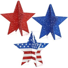 COCHIE 6 Inch 4th of July Decorations Wooden Stars Set, 3D Glitter Star Memorial Day Tiered Tray Decor, Fourth of July Red White Blue Decoration for Home Table Desk Door Shelf (Cutout, Set of 3)