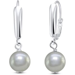 Sterling Silver Freshwater Cultured Semi-Round White Pearl Leverback Dangle Earrings for Women Girls