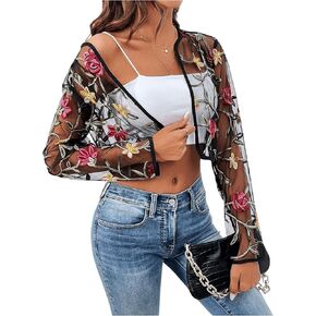 MakeMeChic Women's Floral Embroidery Casual Long Sleeve Open Front Sheer Mesh Cropped Thin Jacket