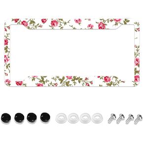 Pink Flower License Plate Frame Cute License Plate Frames Floral License Plate Holder Aluminum Front Car Tag Frame Cover for Women Men 4 Holes (DSC-11)