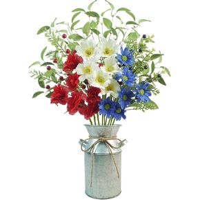 9pcs Patriotic Artificial Flowers, Red White and Blue Flowers with Vase for 4th of July Decorations Patriotic Cemetery flowers for Independence Day Memorial Day Table Centerpiece