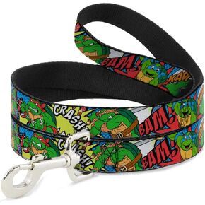 Dog Leash Ninja Turtles Action Poses Action Bubbles Dots Blues 6 Feet Long 1.0 Inch Wide