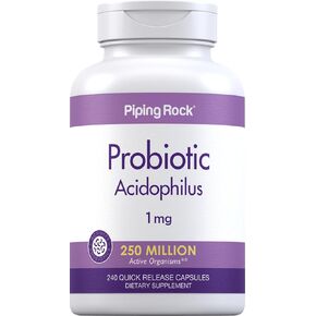 Piping Rock Probiotic Acidophilus Capsules | 240 Count | 1mg | 250 Million CFU | for Men and Women | Non-GMO, Gluten Free Supplement