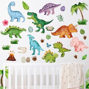 AnyDesign Dinosaur Wall Decal Stickers Watercolor Jurassic Dinosaur Art Stickers Cartoon Mural Sticker Peel and Stick Nursery Wallpaper Decal for Bedroom Playroom Decoration