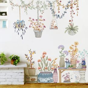 Removable Watercolor Hanging Potted Wall Stickers Flower Pots Wall Decals Colorful Plants Wall Sticker Nature Floral Pendant Wall Decal Art Murals for Nursery Classroom Office Living Room Girl Bedroom