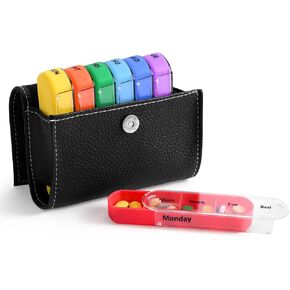 Weekly Pill Organizer Box Case Travel Medication Reminder Daily AM PM, Day Night 7 Compartments in Leather Carrying Case