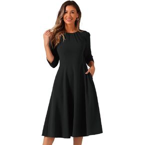 Allegra K Elegant Work Dress for Women's 3/4 Sleeve Round Neck Pockets Vintage A-Line Swing Midi Dress