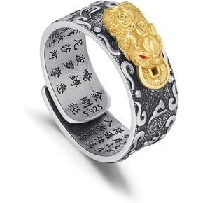 Feng Shui Ring Pixiu Ring 925 Stering Silver Adjustable Open Pixiu Mantra Ring Protection Wealth Ring Buddhist Amulet Jewelry Good Luck Health Gift for Men Women Mother's Day