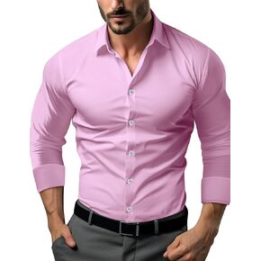 Men's Muscle Dress Shirts Solid Long Sleeve Business Casual Button Down Shirt Slim Fit Stretch Athletic Fit Shirt