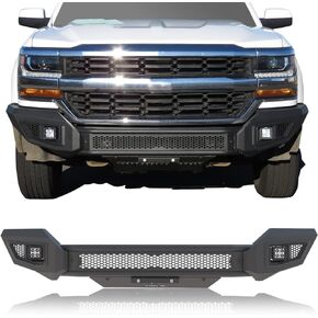 Front Bumper Compatible with 2016-2018 Chevy Silverado 1500 Pickup Truck Off-Road Bumper Guard with 2 LED Fog Light Splash Guard Can Add 30" LED Light Fine Textured Black