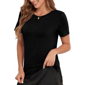 Women Crewneck Shirt Low Hem Short Sleeve Top Fitted Basic Tshirt with Side Split