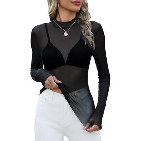 OFEEFAN Womens Long Sleeve Mesh Top See Through Mock Neck Sheer Blouses in Saudi Arabia