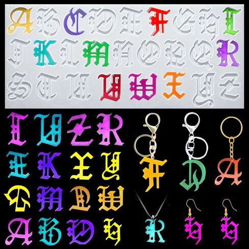 FineInno Alphabet Earring Resin Molds with Hole, Letters Jewelry Silicone Mold Gothic Epoxy Art Casting Kit for DIY Pendants Crafts,Ornaments,Necklace in Saudi Arabia