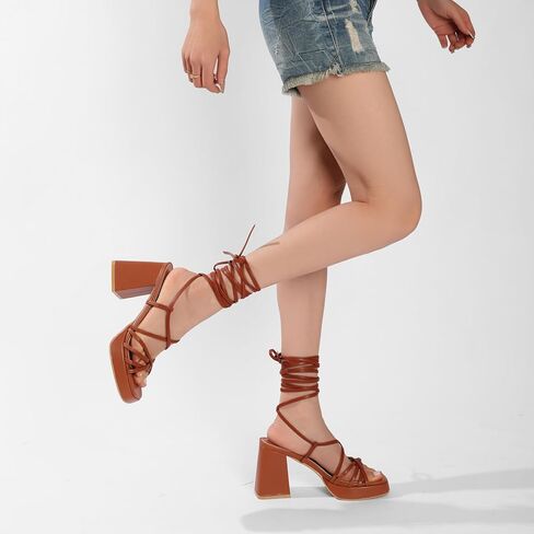 Womens Strappy Heels Lace Up Chunky Heel Sandals, High Heel Cute Platform Sandals Block Heel Wrap Sandals for Women Dressy Sexy with Adjustable Laces Square Toe in Saudi Arabia
