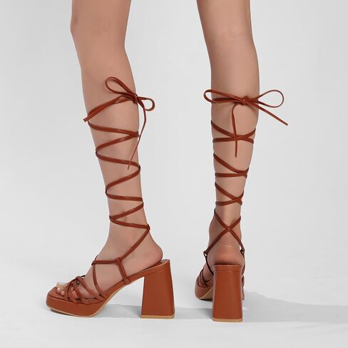 Womens Strappy Heels Lace Up Chunky Heel Sandals, High Heel Cute Platform Sandals Block Heel Wrap Sandals for Women Dressy Sexy with Adjustable Laces Square Toe in Saudi Arabia