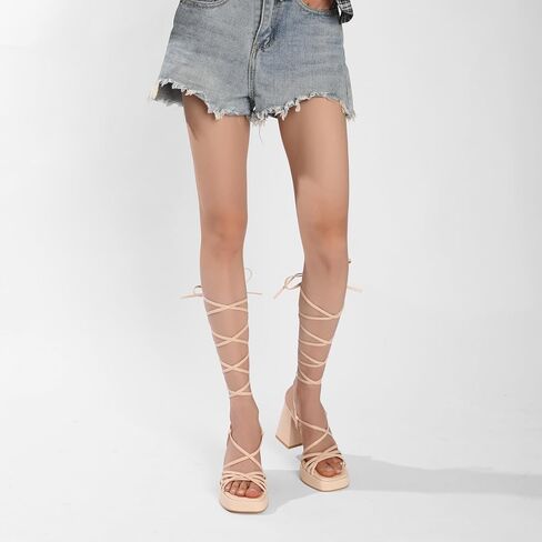 Womens Strappy Heels Lace Up Chunky Heel Sandals, High Heel Cute Platform Sandals Block Heel Wrap Sandals for Women Dressy Sexy with Adjustable Laces Square Toe in Saudi Arabia