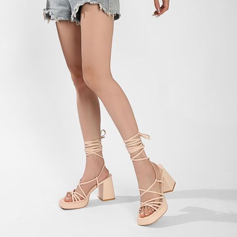 Womens Strappy Heels Lace Up Chunky Heel Sandals, High Heel Cute Platform Sandals Block Heel Wrap Sandals for Women Dressy Sexy with Adjustable Laces Square Toe in Saudi Arabia