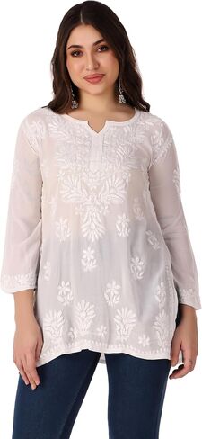 ladyline Lucknowi Hand Embroidered Tunic Top Modal Silk Womens Chikankari Short Kurti Hip Length in Saudi Arabia
