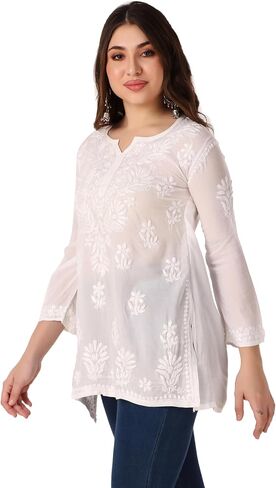 ladyline Lucknowi Hand Embroidered Tunic Top Modal Silk Womens Chikankari Short Kurti Hip Length in Saudi Arabia