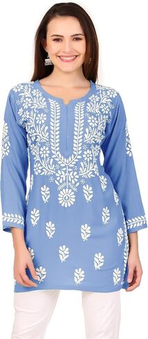 ladyline Lucknowi Hand Embroidered Tunic Top Modal Silk Womens Chikankari Short Kurti Hip Length in Saudi Arabia