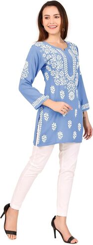 ladyline Lucknowi Hand Embroidered Tunic Top Modal Silk Womens Chikankari Short Kurti Hip Length in Saudi Arabia