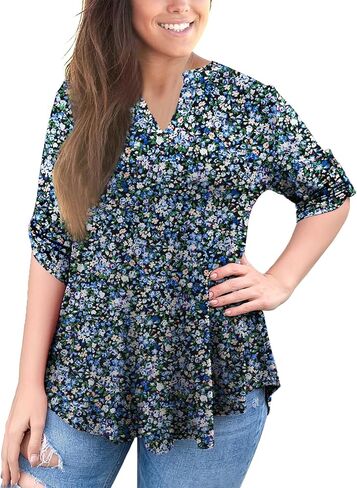 a.Jesdani Women's Plus Size Zip Front 3/4 Sleeve Shirts V Neck Blouses Tunic Top in Saudi Arabia