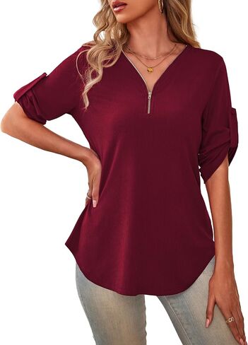 a.Jesdani Women's Plus Size Zip Front 3/4 Sleeve Shirts V Neck Blouses Tunic Top in Saudi Arabia