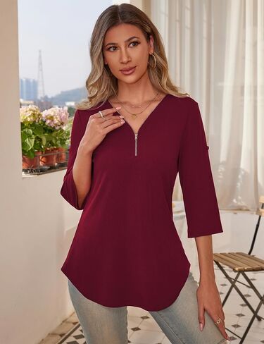 a.Jesdani Women's Plus Size Zip Front 3/4 Sleeve Shirts V Neck Blouses Tunic Top in Saudi Arabia