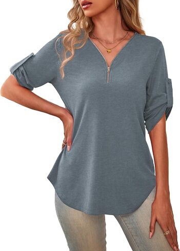 a.Jesdani Women's Plus Size Zip Front 3/4 Sleeve Shirts V Neck Blouses Tunic Top in Saudi Arabia