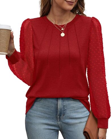 OFEEFAN قمصان طويلة الأكمام للنساء سويسرية دوت نفخة الأكمام مطوي الخريف تونك القمم طاقم الرقبة بلوزات غير رسمية أنيقة in Saudi Arabia