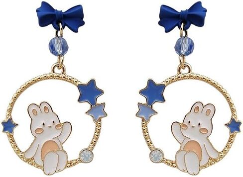 الأزرق القوس عقدة مسمار نجوم القمر الأرنب استرخى انخفاض الأقراط للنساء الفتيات S925 الفضة الاسترليني آخر 14K مطلية بالذهب كريستال لطيف الكرتون عيد الفصح أرنب الحيوان القرط جميلة جميلة عيد ميلاد المجوهرات هدية in Kuwait